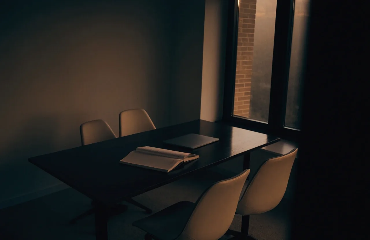 A consulting room at dusk with two empty chairs at a table and a half-open notebook