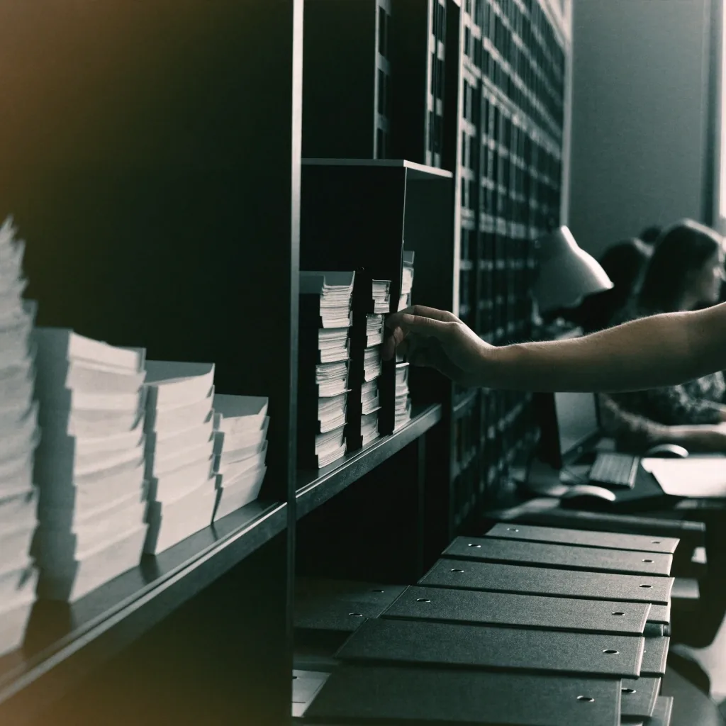 A delivery team's shelf of binders and paper trays with a hand reaching for one