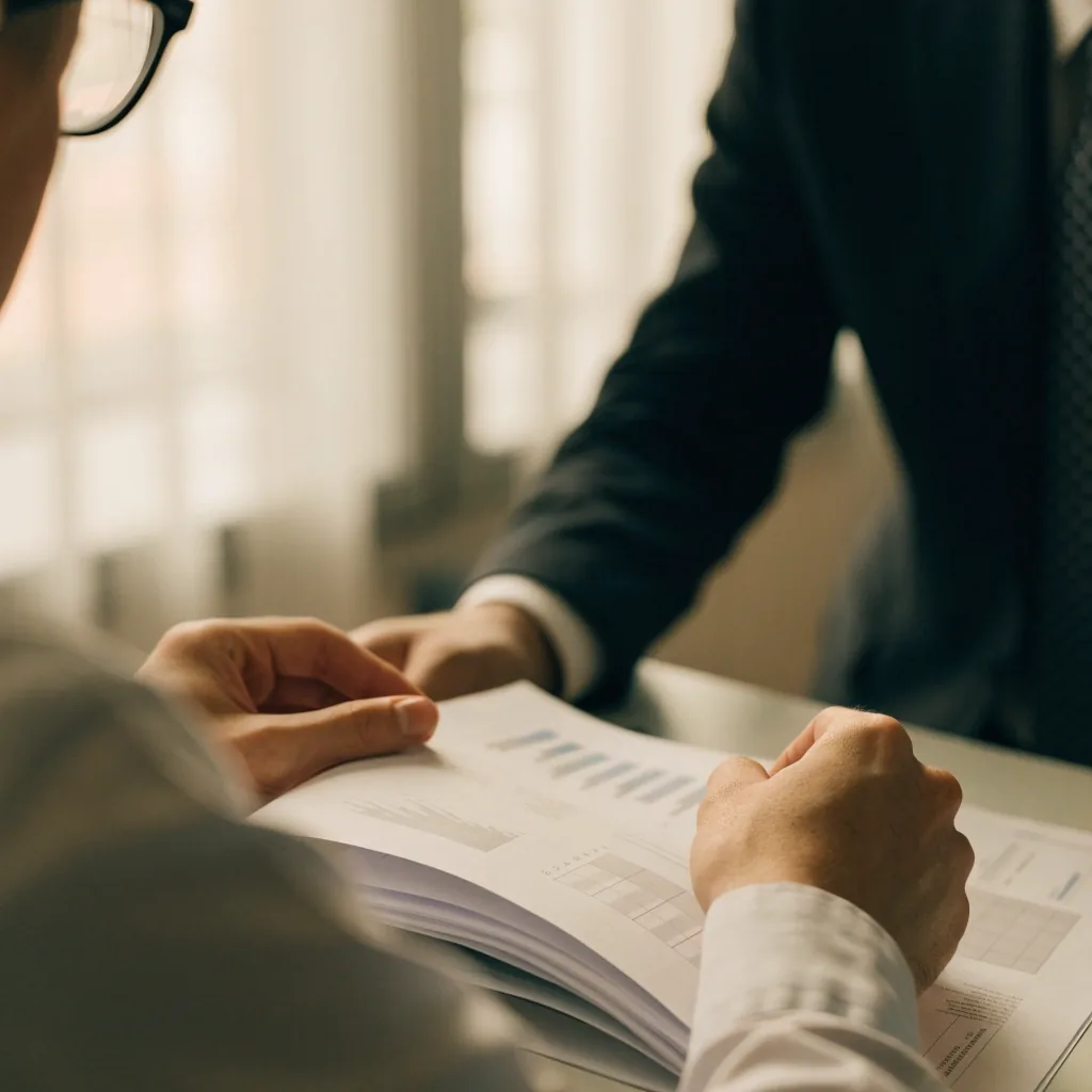 A consultant turning a printed deck while a colleague sits across the table