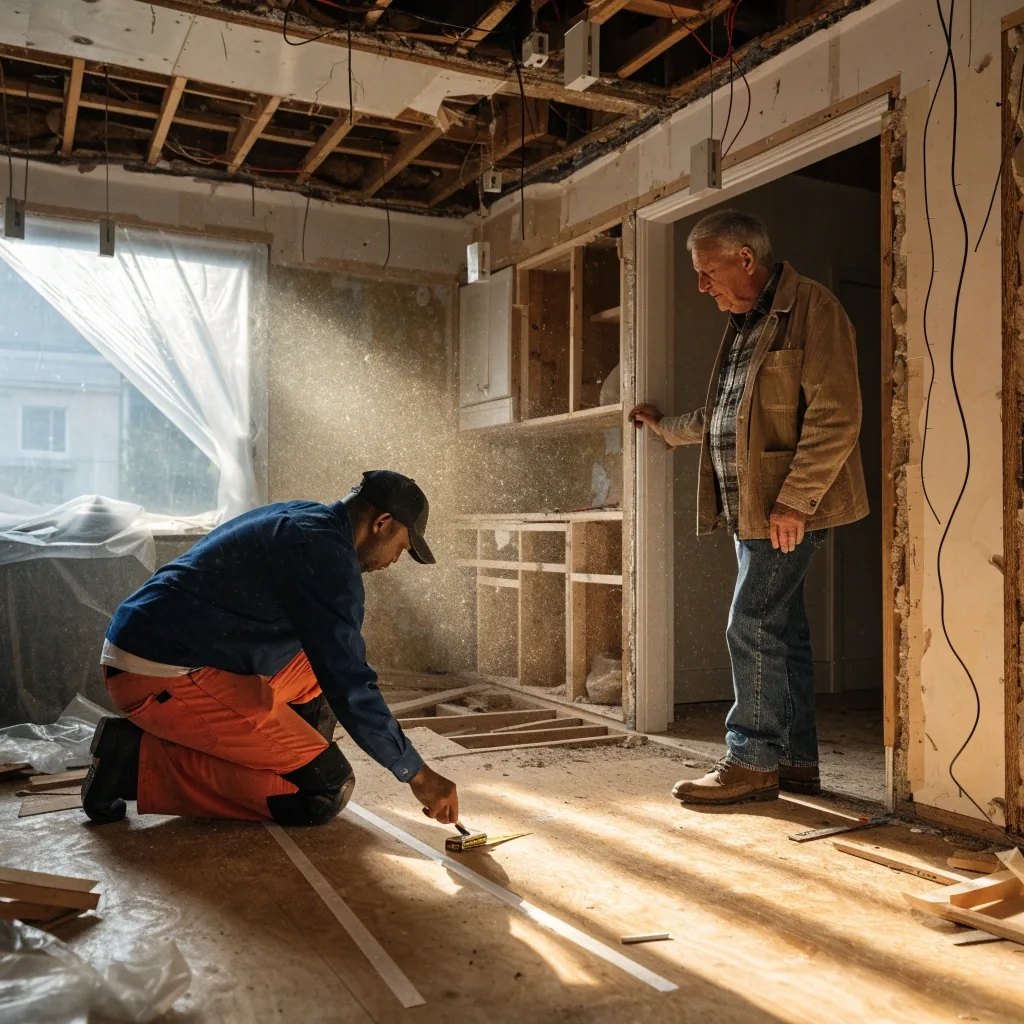 A homeowner and a contractor reviewing a partially renovated room with taped-off floors