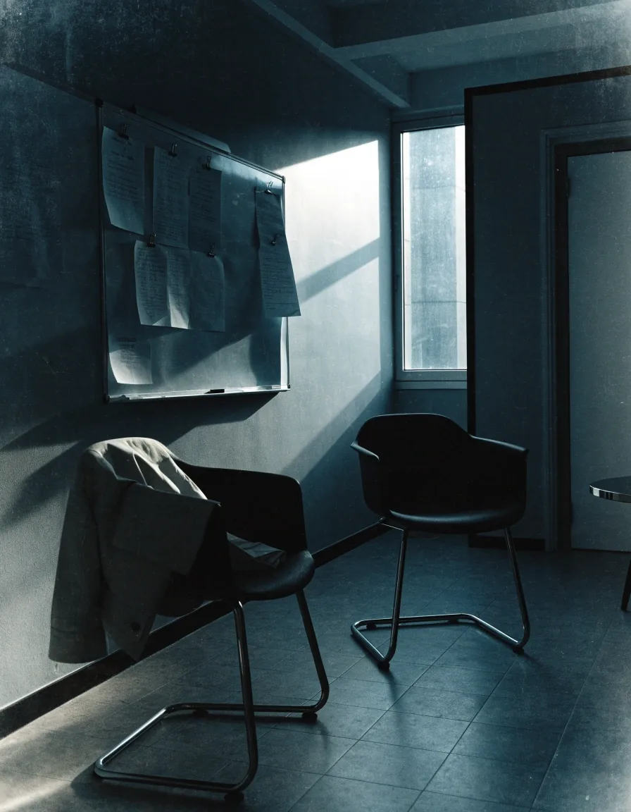 A consulting room with a whiteboard and two chairs mid-session, paperwork clipped to the board