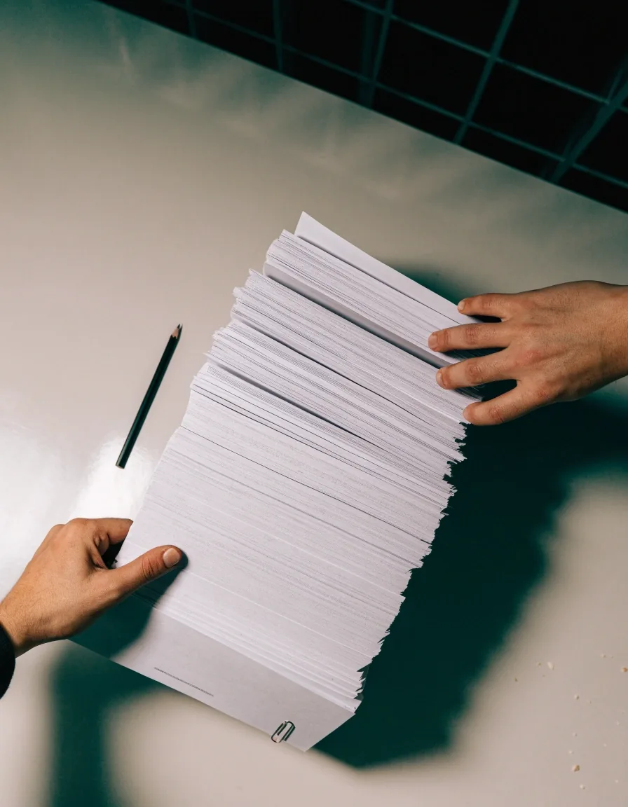 An operator's hands walking a printed deck across a pale desk, pages fanned out of focus