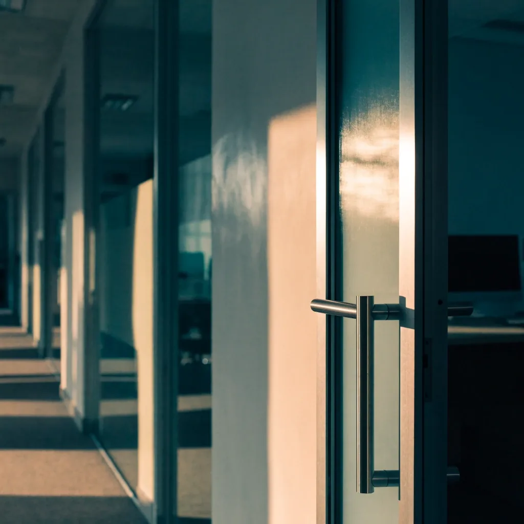 Half-open office door in a modern Philadelphia corridor, afternoon light across the frame