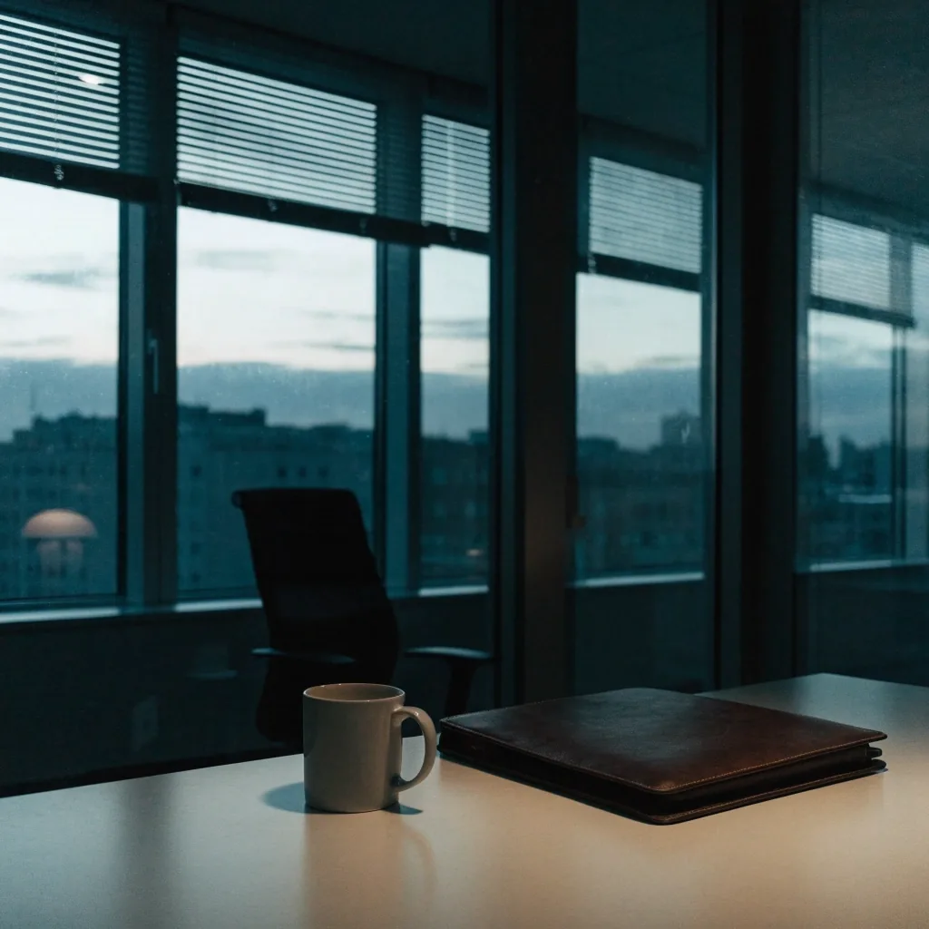 Empty consulting room at dusk with two chairs and a half-open notebook on the table