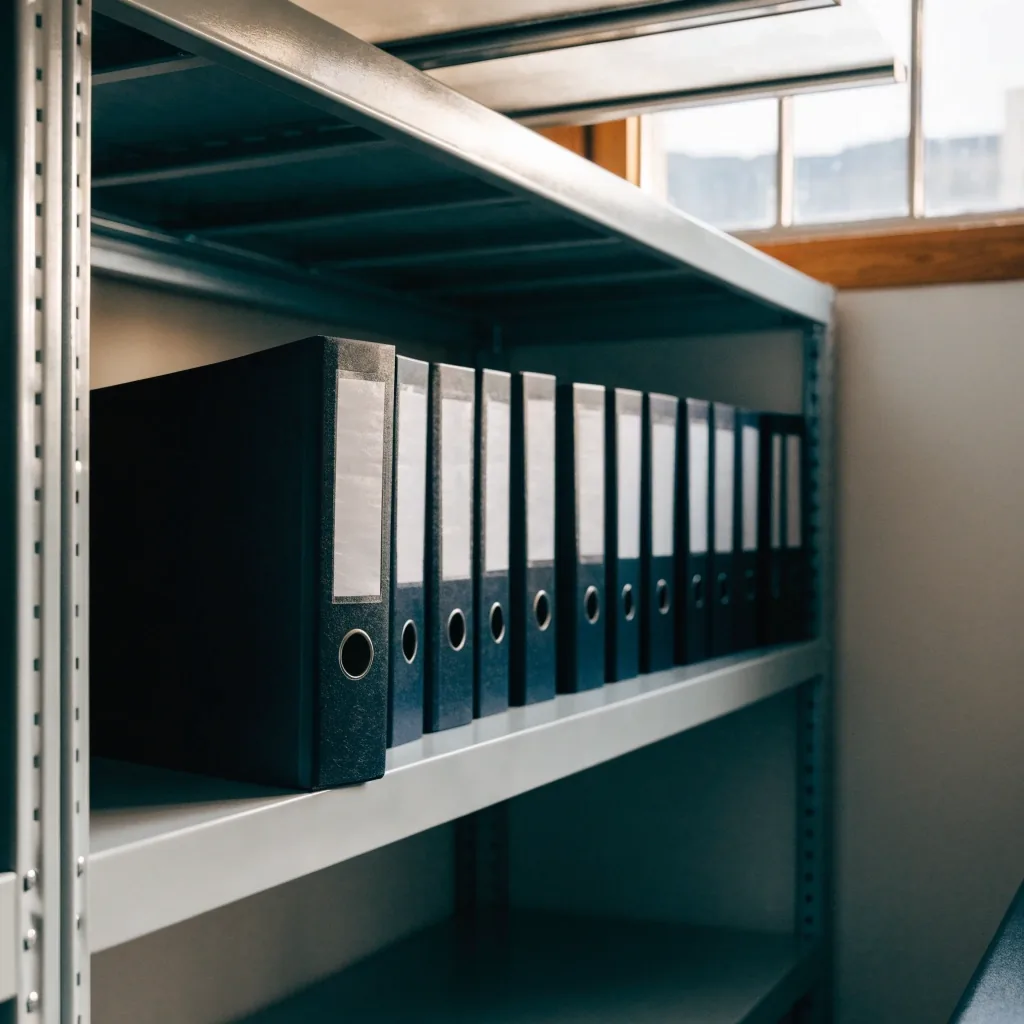 Neat shelf of unlabelled ring binders in a delivery team room