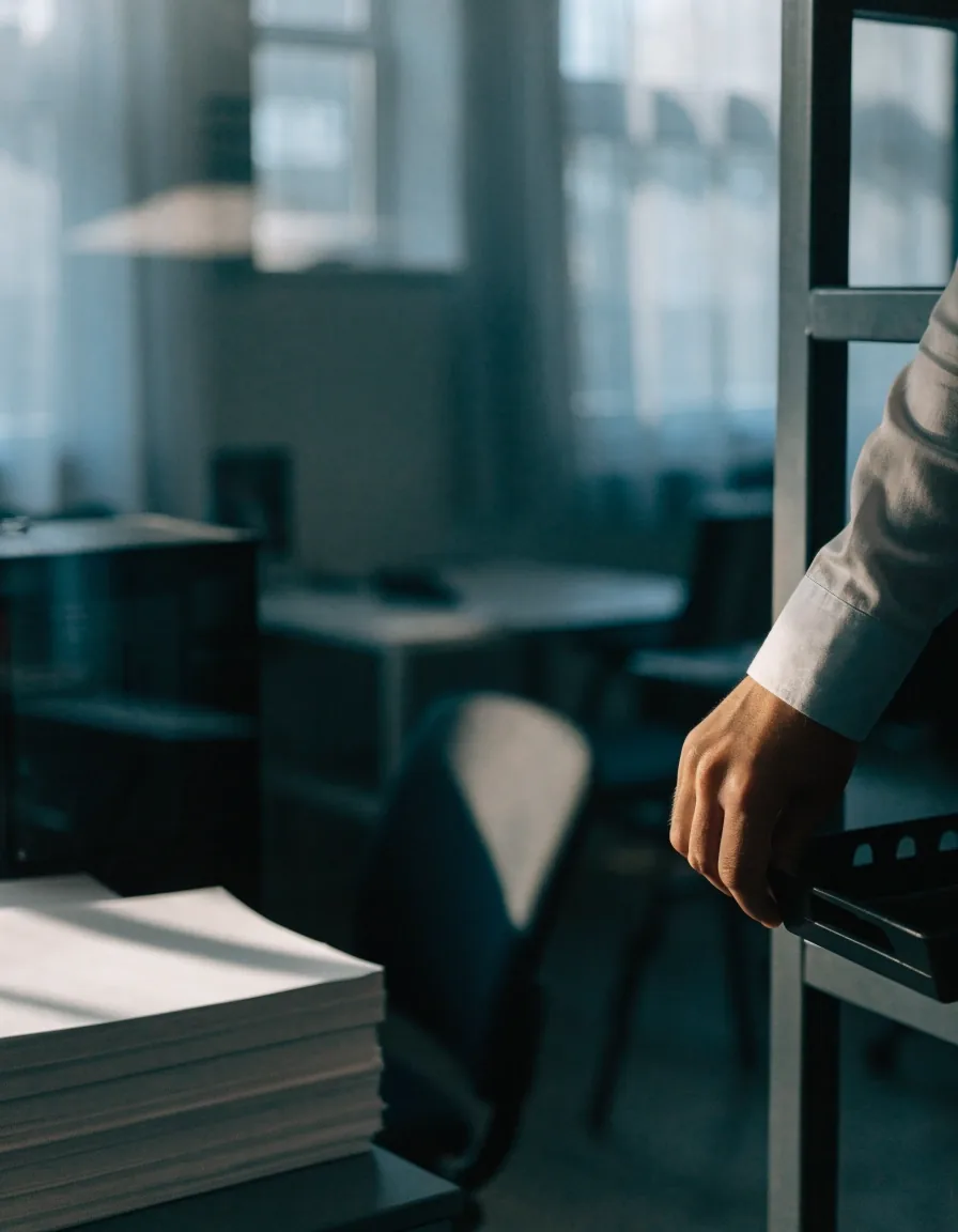 A small consulting office corner with paper trays on a shelf and blank printed sheets on the table