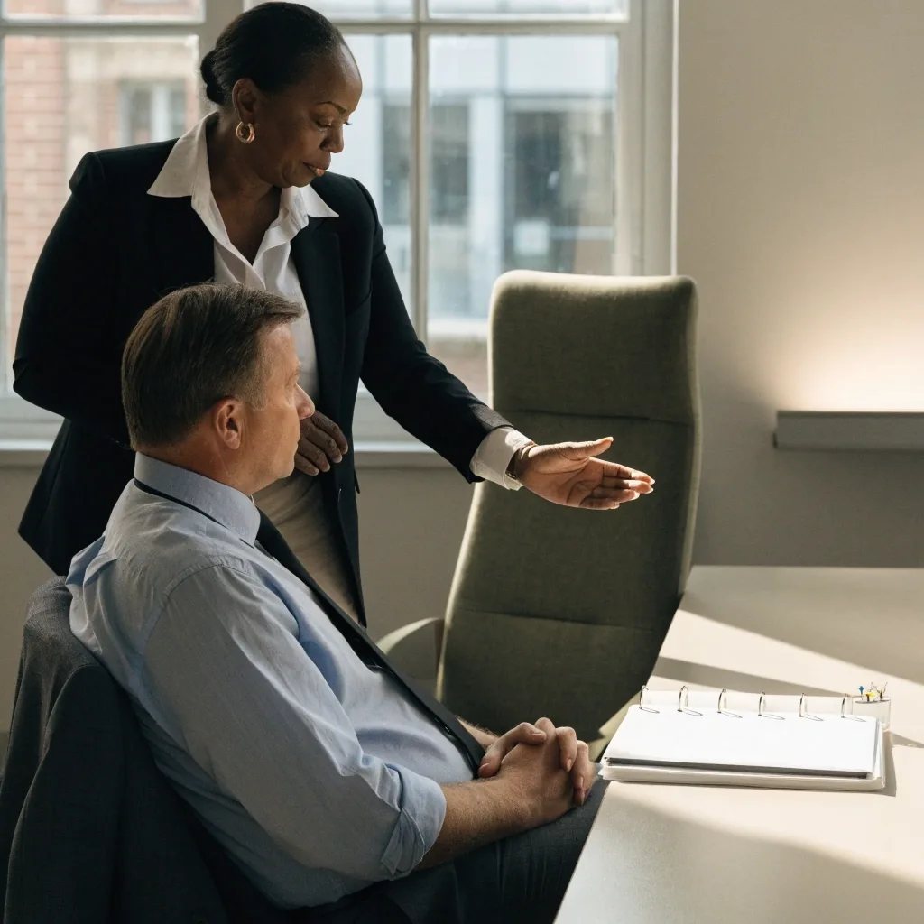 An over-the-shoulder view of a consultant writing at a desk beside a closed laptop and an empty chair