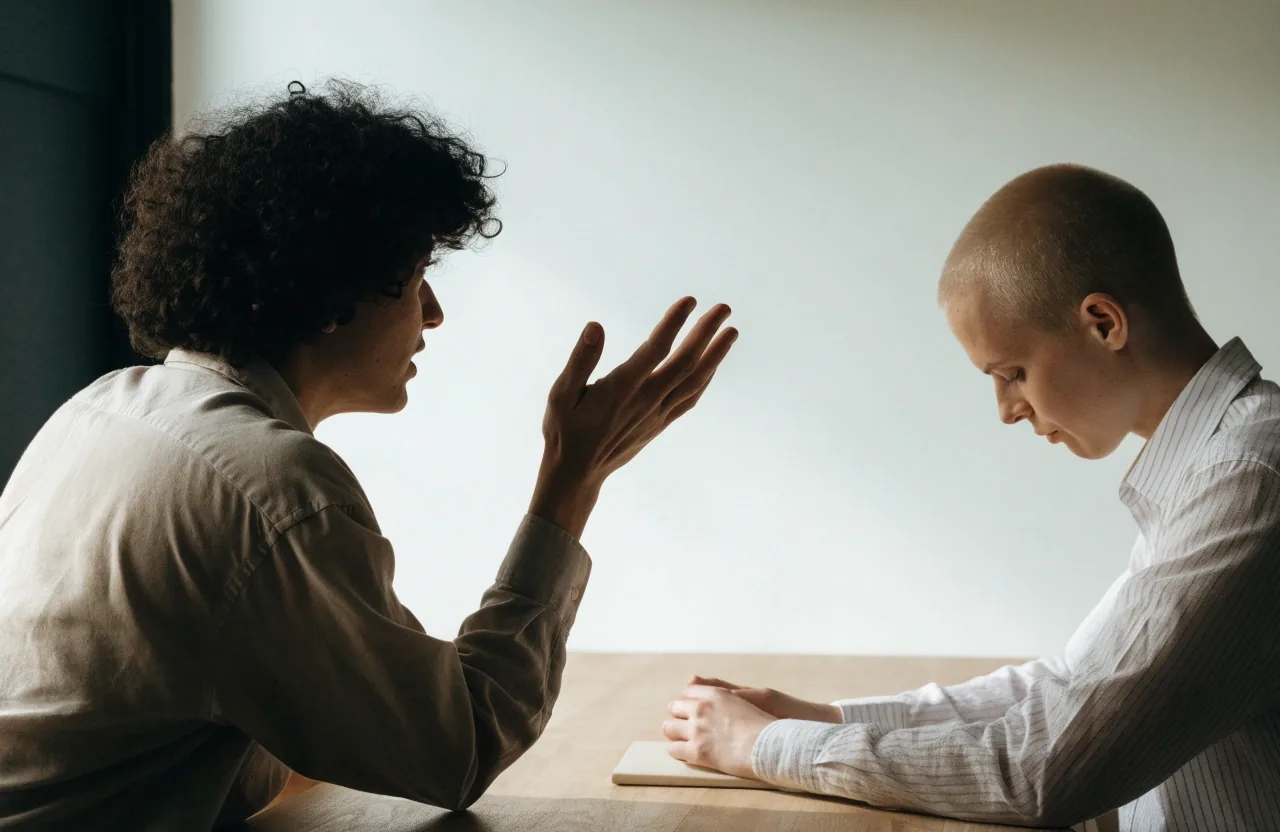 Two people in conversation across a consulting table, one explaining and the other listening with a closed notebook