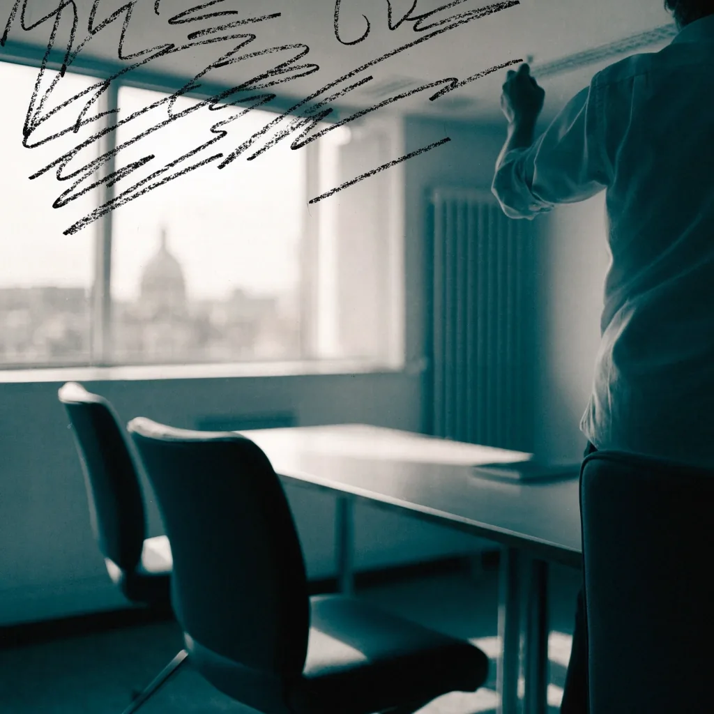 Over-the-shoulder view of a whiteboard in a consulting room, writing clipped out of frame