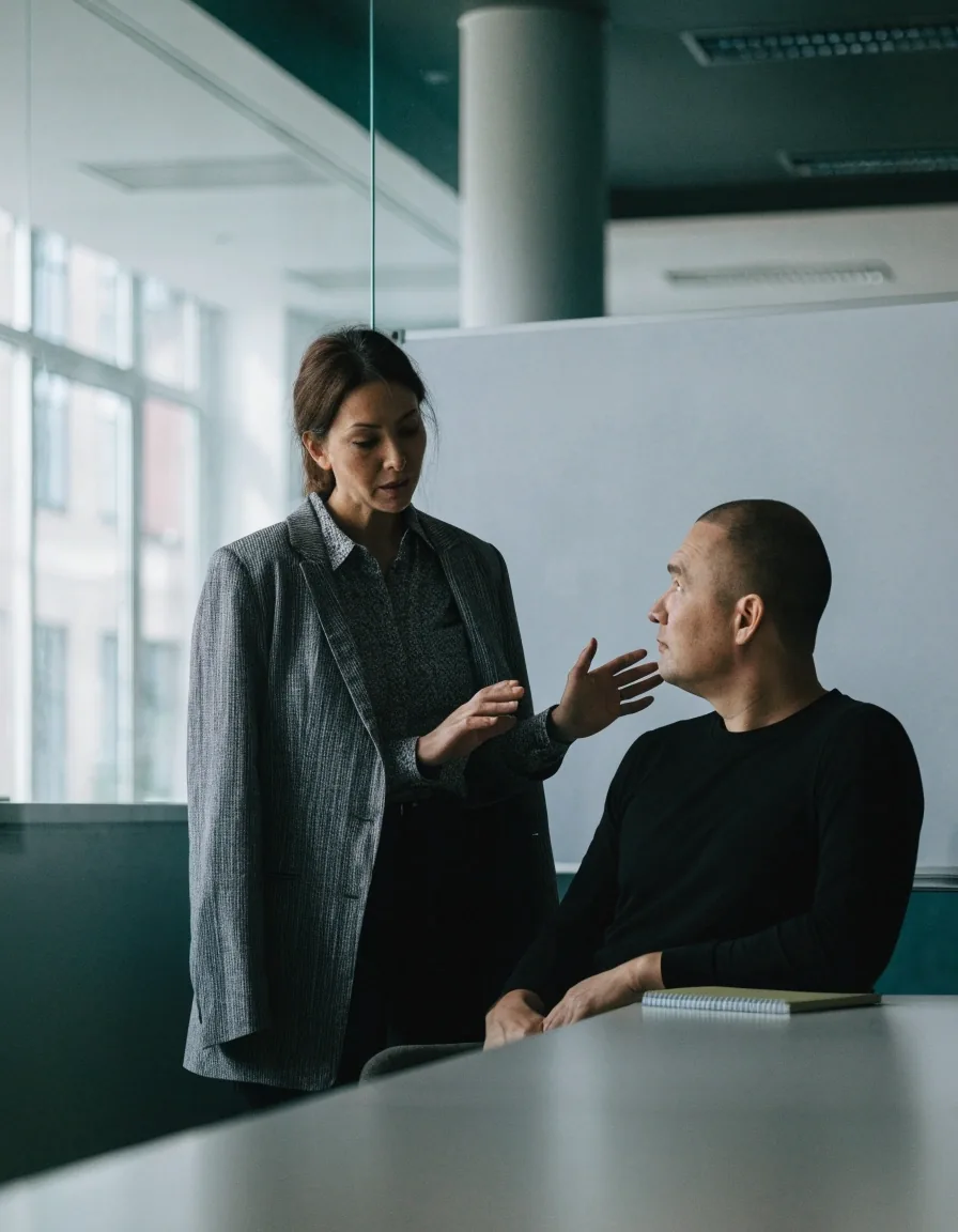 A delivery lead standing at a blank whiteboard during a discovery session with a colleague seated nearby