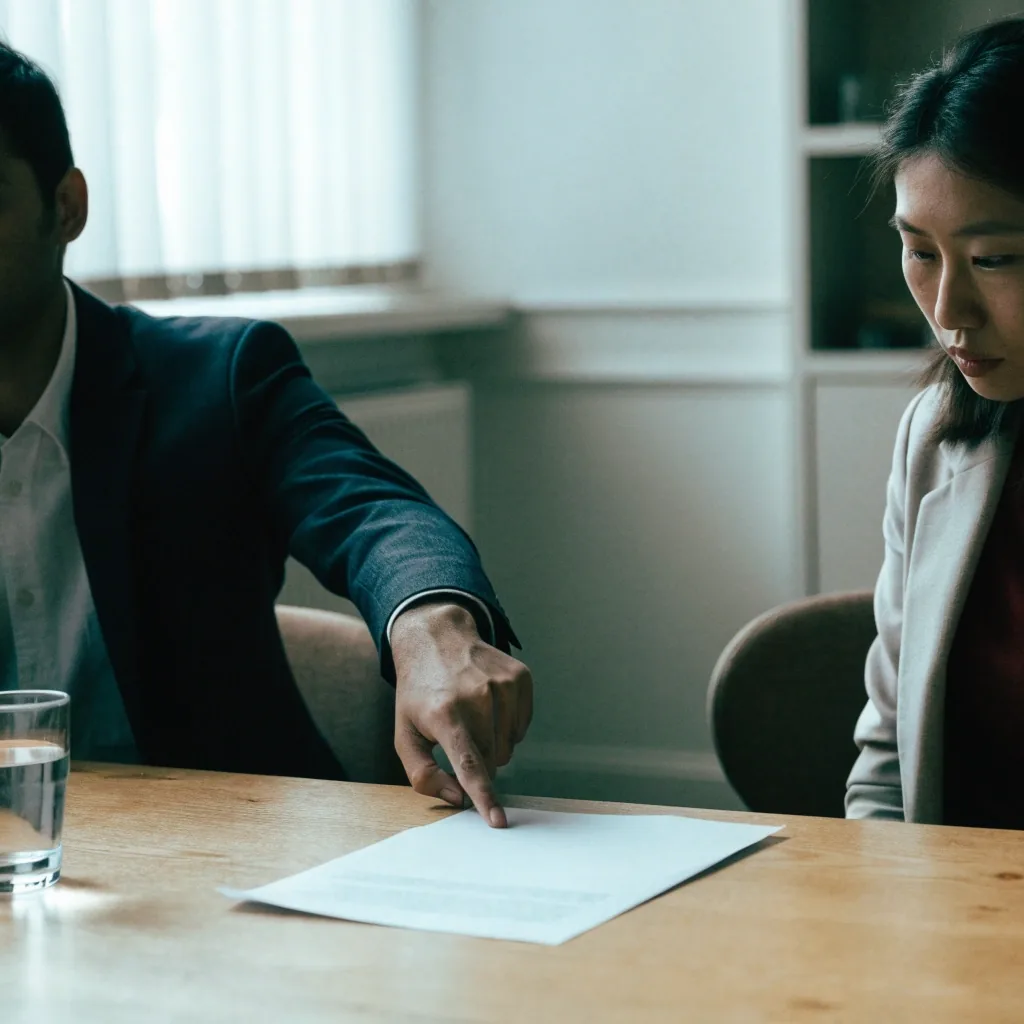 Two hands leafing through blank printed pages during a working session in a consulting room