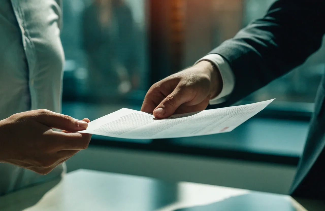 Two people at a consulting table in an office, one passing a clipped document across the table