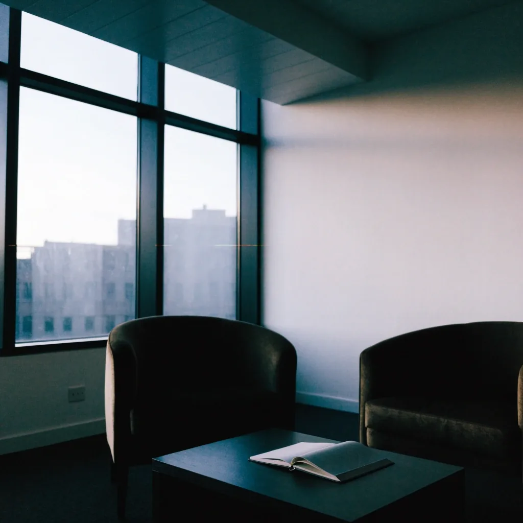 Empty consulting room at dusk with two chairs and a half-open notebook