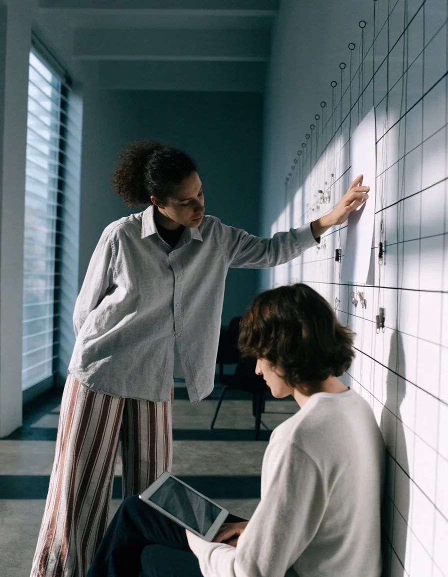Hands walking through a printed page structure on a meeting table, no legible writing visible