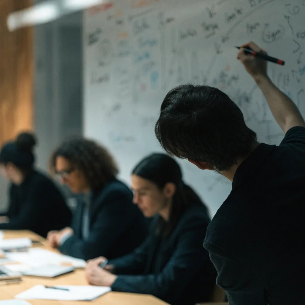 Over-the-shoulder view of a whiteboard mid-session with markings out of focus