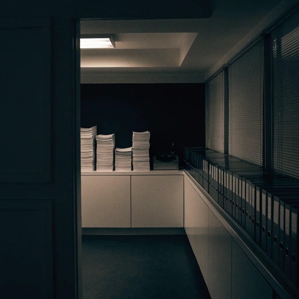 Small office interior with paper trays and a binder shelf, no printed titles visible