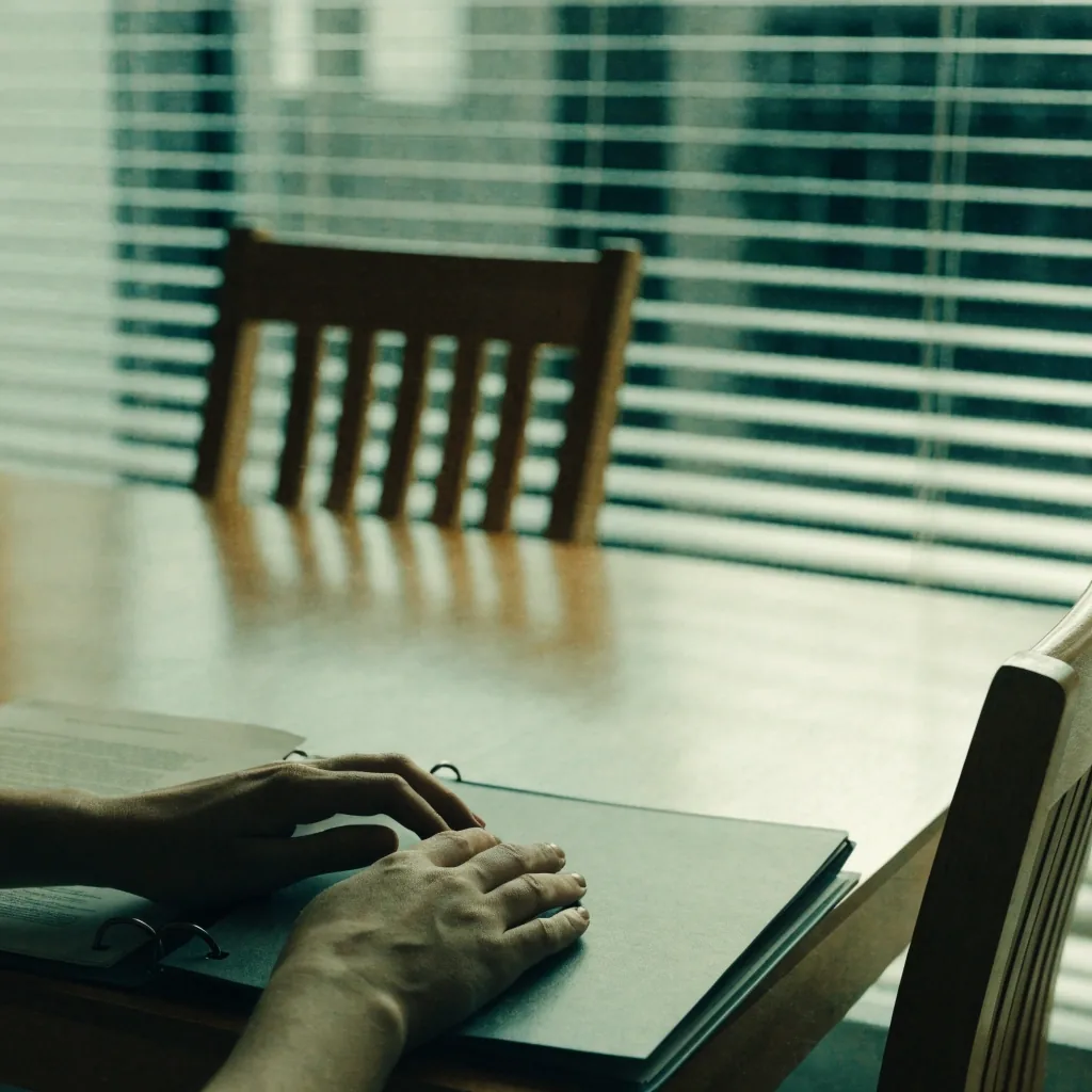 Hands opening a ring binder on a consulting room table beside a closed laptop and an empty chair